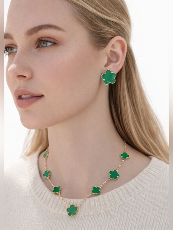 Jewelry - Green Clover Set Gold Tone Necklace & Stud Earrings Matching Set Alhambra Style